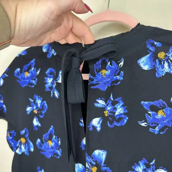 Proenza Schouler Floral Print Blue Black Tie Back Short Sleeve Mini Shift Dress - Picture 11 of 16